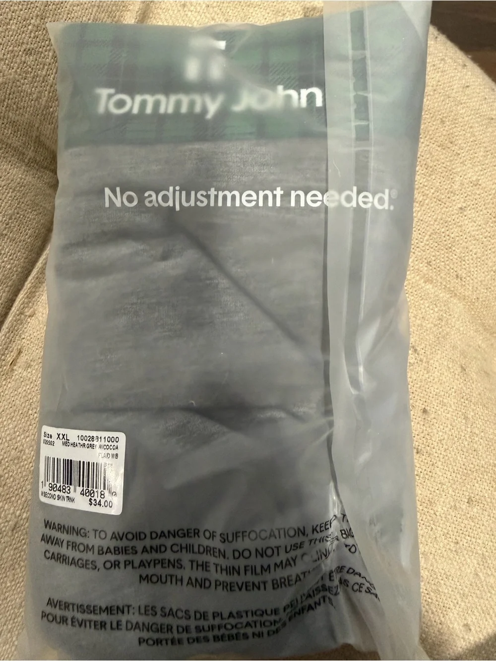 Tommy John Men Gray Bottoms with Green Plaid Waistband